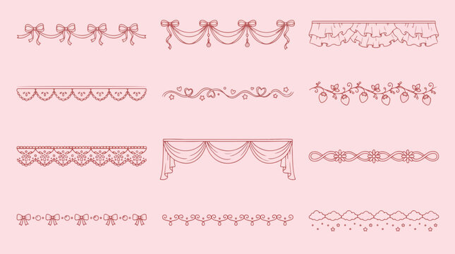 Vintage coquette lace dividers set. Hand drawn pink elegant ribbon, bow, strawberry, cherry, cloth ruffle, frill seamless borders. Cute ornament girly vector decor 
