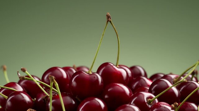 Fresh cherries in macro as camera moves downward over a pile of glossy fruit. Rich red color and smooth texture create premium food advertising, beverage branding and healthy lifestyle concept.