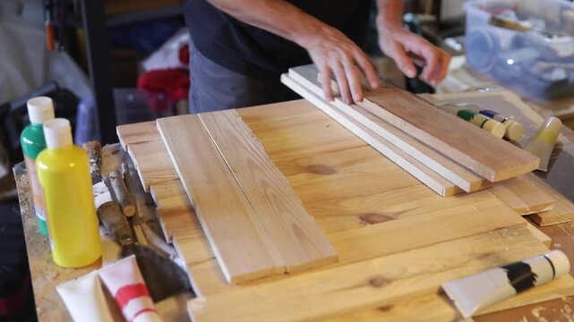 DIY woodworking man aligning wood boards prior painting at work table