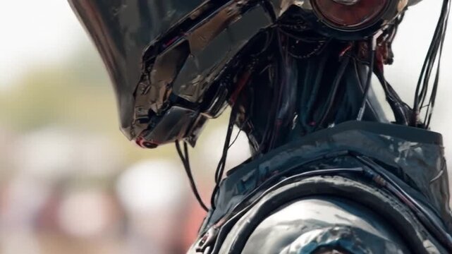 Close up of futuristic robot head detailed metal texture concept