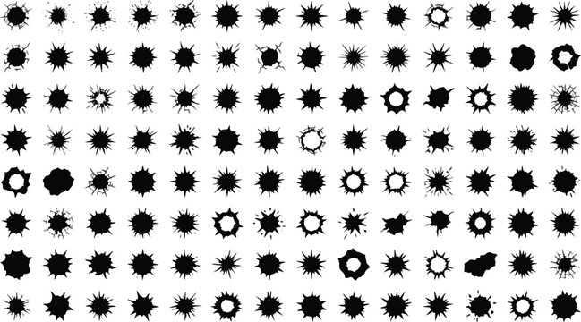 Bullet holes silhouettes icons set. Gun bullethole shooting, weapon mark damage vector elements