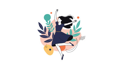 Joyful young woman jumping high in the air surrounded by botanical leaves and colorful abstract shapes for health and freedom concept.