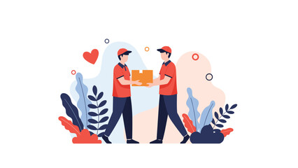 Fototapeta premium Two delivery couriers in red uniforms handling cardboard package with heart and leaf decorative elements for service concept.