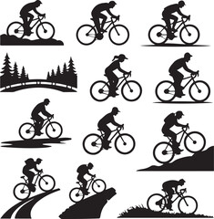 Fototapeta premium Silhouette of people riding bicycles in various poses and landscapes