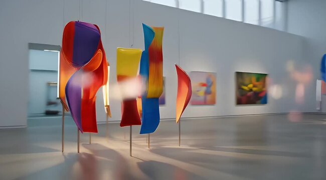 Contemporary Art Gallery Featuring Colorful Abstract Sculptures and Paintings