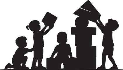 Four children building with large blocks silhouette