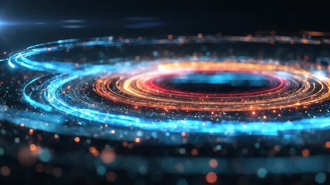 Glowing light trails spiraling in a dark space, resembling a cosmic event or data flow