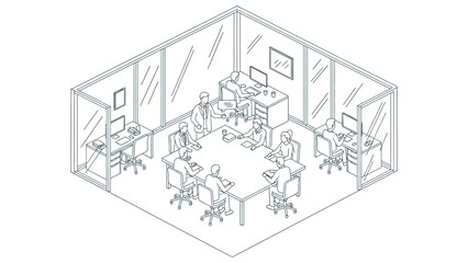 Fototapeta premium isometric office line art business people working and meeting depicting modern corporate teamwork collaboration productivity.