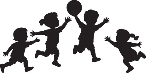 Four children playing with a ball silhouette running