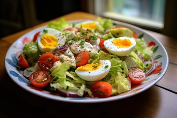 Colorful salad plate with fresh lettuce, tomatoes, red onion, cottage cheese, and eggs