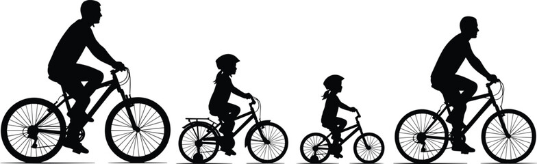 Fototapeta premium Black silhouette set of family riding bicycles together isolated on white background for healthy lifestyle cycling adventure and outdoor summer sports fitness concept