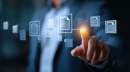 Business Professional Interacting with Digital Documents in Virtual Space for Modern Technology and Innovation Concepts in a Corporate Environment