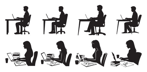 People sitting and working on laptops side view silhouette collection. vector illustration eps 10