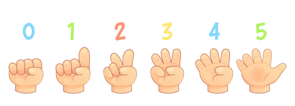 Cute cartoon child hands showing numbers from zero to five with colorful digits