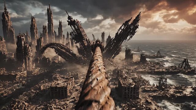 A post-apocalyptic cityscape, ruined skyscrapers, debris, and sea, under a moody sky. Focus on a fallen object