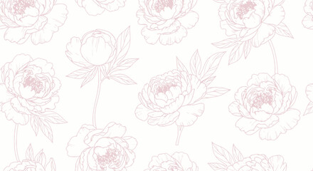 Seamless Pink Peony Floral Line Art Pattern on White Background