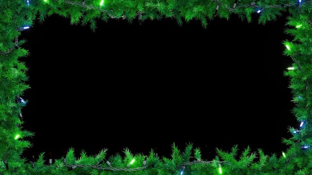 Christmas green pine border frame with glowing fairy lights on black background, festive holiday decoration loop video for greeting, banner, and celebration design
