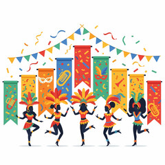 Five women in vibrant carnival costumes dancing under colorful banners and confetti, celebrating a festive event.