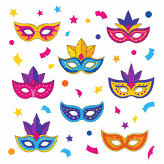 Colorful carnival masks with feathers and confetti on a white background.