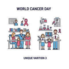 World Cancer Day illustration showing families, medical professionals, and research elements, emphasizing awareness and support.