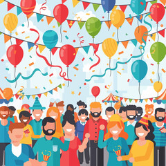 A vibrant illustration of a diverse crowd celebrating at an outdoor festival with colorful balloons, confetti, and banners under a blue sky.