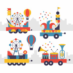 Colorful flat design illustration of carnival parade train cars with Ferris wheels, hot air balloons, jester hats, and musical instruments against a city skyline.
