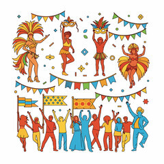 Colorful line art illustration of a vibrant carnival celebration with people in costumes, dancers, and a cheering crowd under festive pennants and confetti.