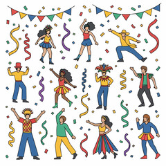 Diverse cartoon people dancing joyfully at a vibrant carnival celebration with confetti, streamers, and festive banners.