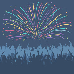 A vibrant illustration of a silhouetted crowd celebrating under a spectacular display of colorful fireworks in the night sky.