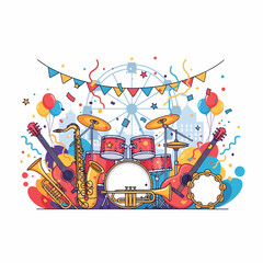 Colorful illustration of a lively music festival with various instruments and a festive carnival background.