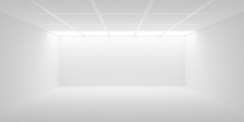 Fototapeta premium Empty blank white room or gallery background with tiled ceiling and lit row in the back, modern interior template