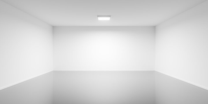 Empty blank white large room background with single square light and grey floor, modern interior template