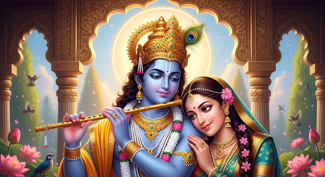 Krishna Radha devotional portrait with flute in ornate temple arch and sacred Hindu mythology spiritual love art illustration