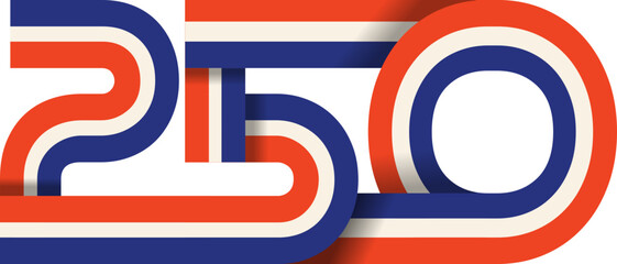 250 ribbon lettering number for United States of America 250th anniversary celebration. Happy 4th of July USA Independence Day vector element.