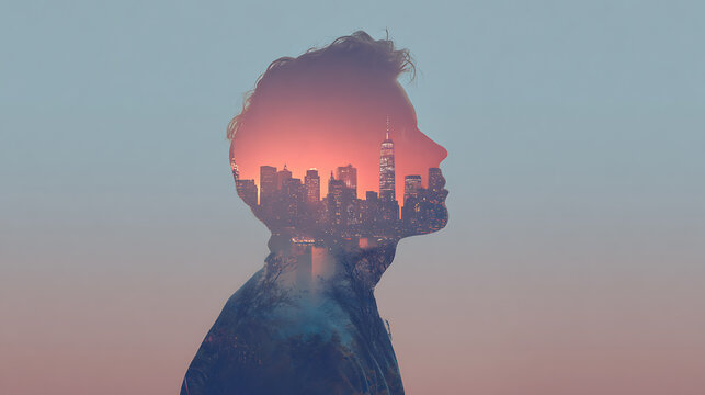 A Man's Silhouette Overlaid with a City Skyline at Sunset