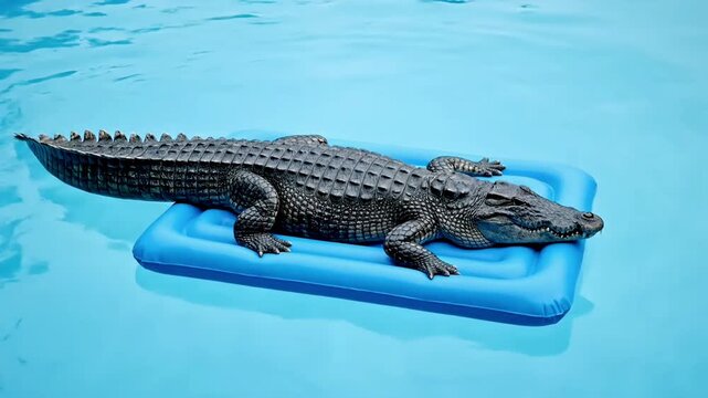 Crocodile relaxing on blue pool float in swimming pool