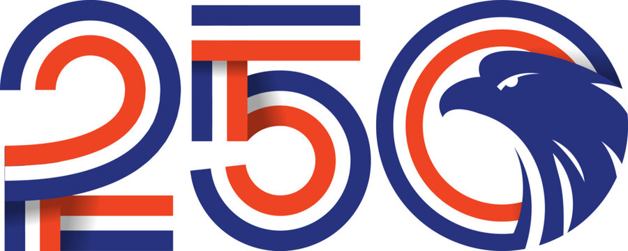 250 ribbon lettering number for United States of America 250th anniversary celebration. Happy 4th of July USA Independence Day vector element.