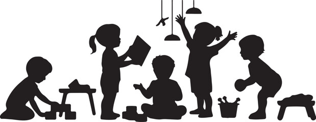 Silhouette of children playing with toys in a room