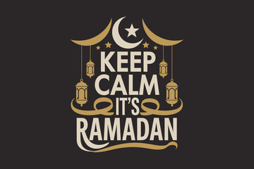 Vector Ramadan typography with lanterns and crescent moon on black background