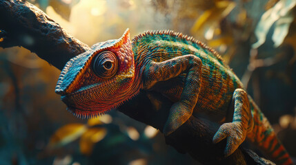 Fototapeta premium A chameleon perched on a branch, displaying its vibrant colors AI Generative