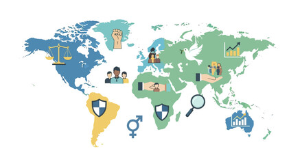 Obraz premium A colorful infographic illustration of a world map on World Social Justice Day, highlighting global social justice with various icons and symbols.