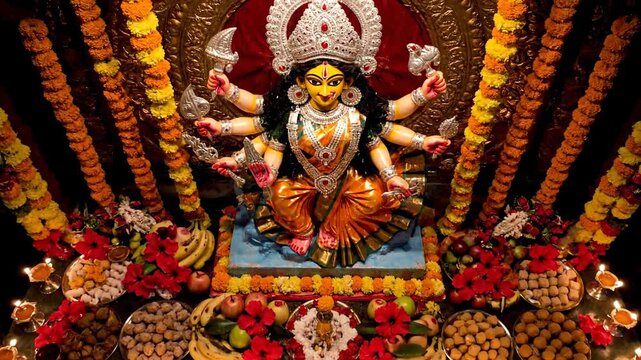 Goddess Durga Idol Adorned with Flowers Offerings and Diyas During Puja