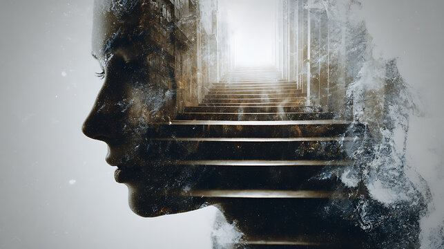 A double exposure of a person's profile with stairways, symbolizing thoughts and ideas