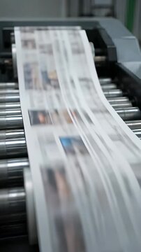 Automated offset printing press rollers processing newspaper sheets at high speed in an industrial factory, depicting mass media production.