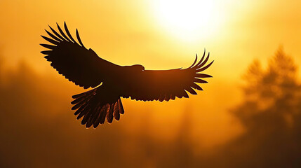 Obraz premium An eagle soaring gracefully against the golden sunset sky, showcasing its majestic wingspan and silhouette AI Generative