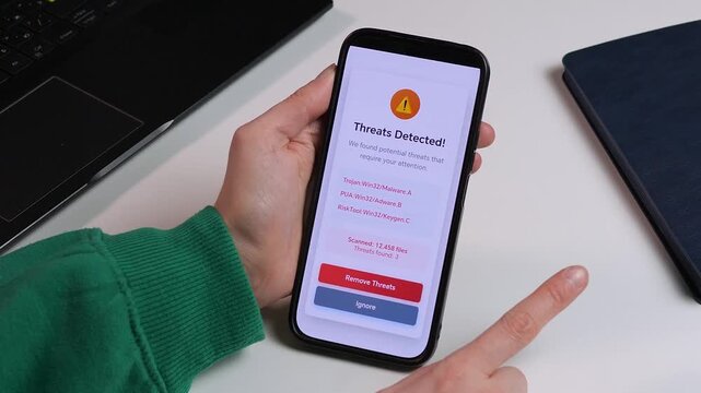 Close-up of a mobile security interface scanning for viruses. Screen shows threat detection of Trojans and Adware. High-quality footage for tech news, software reviews, and digital privacy commercials