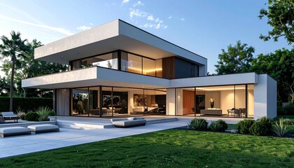 Fototapeta premium Modern architecture luxury villa exterior showcasing an elegant architectural design with glass facade and well maintained landscape.