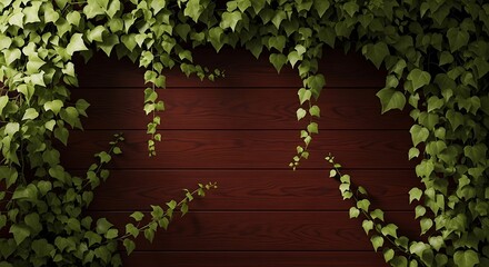 Green ivy vines frame a rich brown wooden surface.
