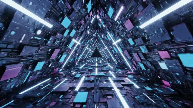 A triangular tunnel interior a geometric corridor with neon lights and bluepurple panels creating a futuristic perspective