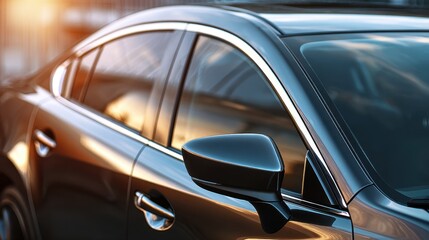 Fototapeta premium Side view of a modern luxury sedan car at sunset with warm sunlight reflections on the body and windows.